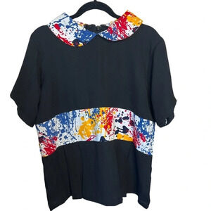 Vintage Traditional urban print trim waist collar black short-sleeve blouse Sz L